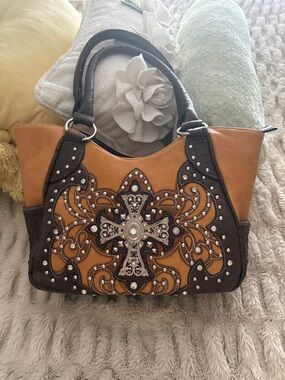 Western-Style Tan & Dark Brown Shoulder Bag with Decorative Cross